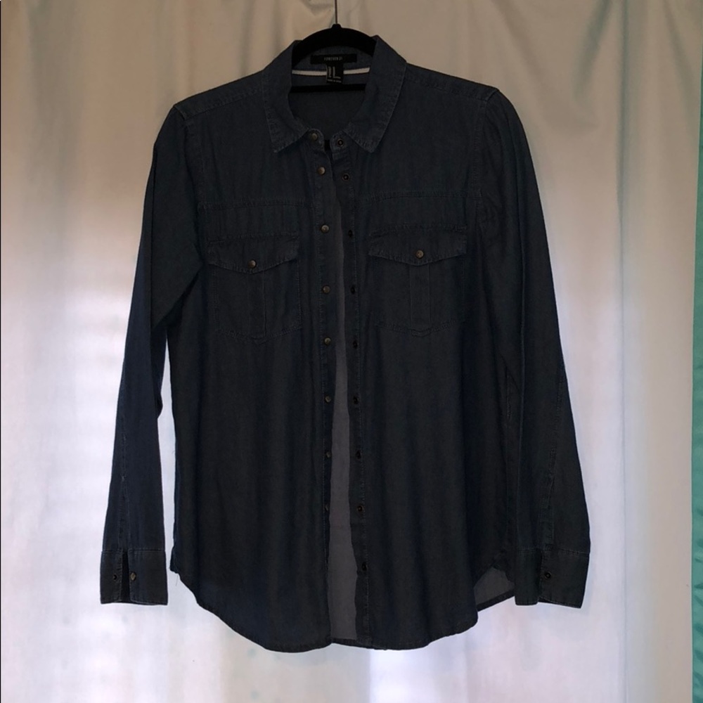 medium wash denim button up